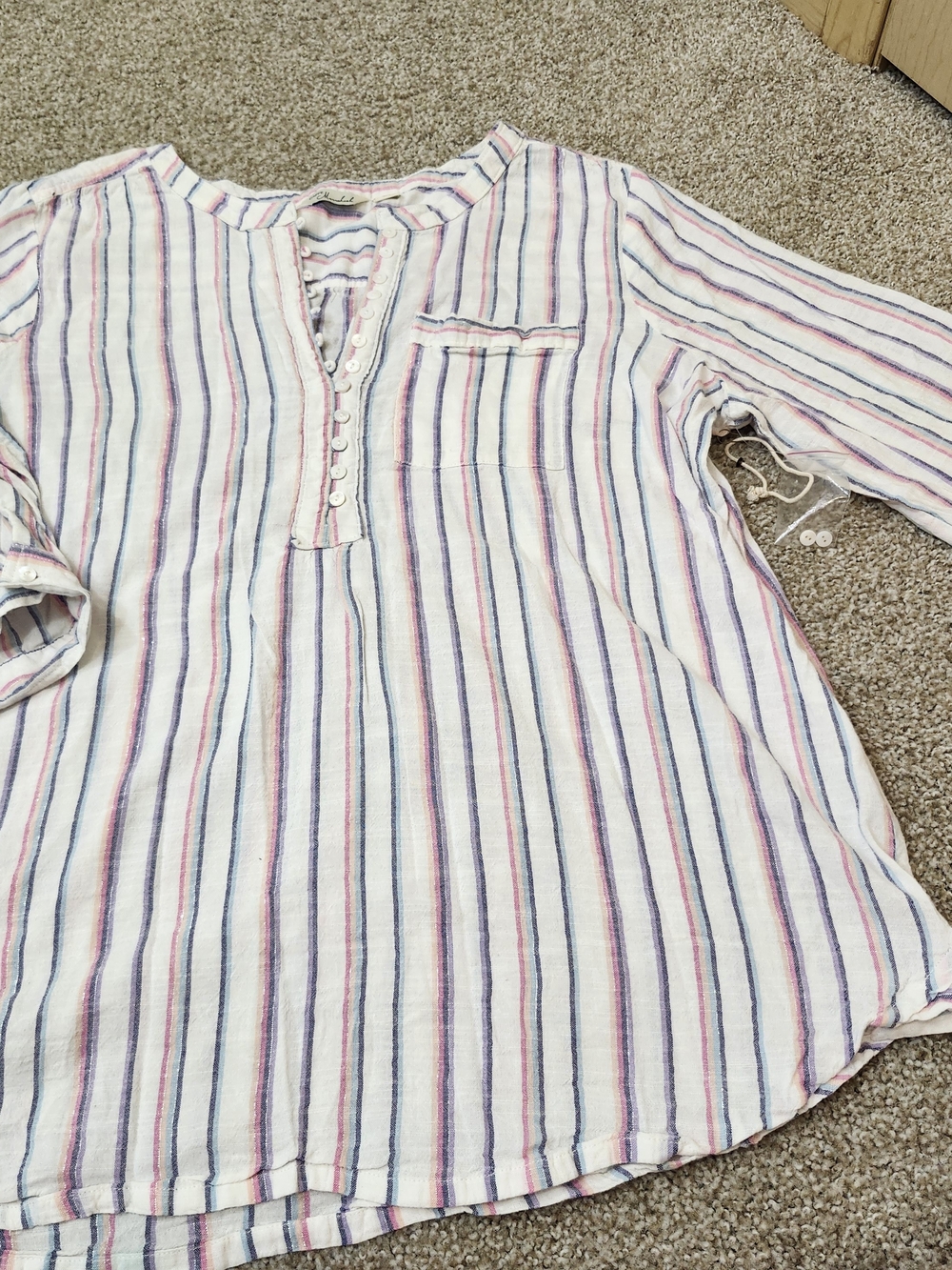 The Caffe' Marrakesh New Women's Boho Chic Stripe 3/4 Sleeve Button Down Top